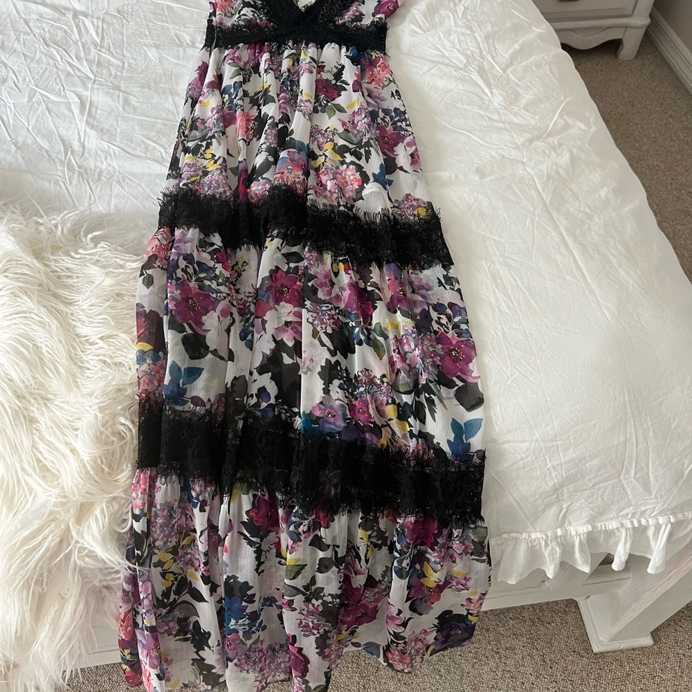 Floral Maxi Dress with Black Lace Accents